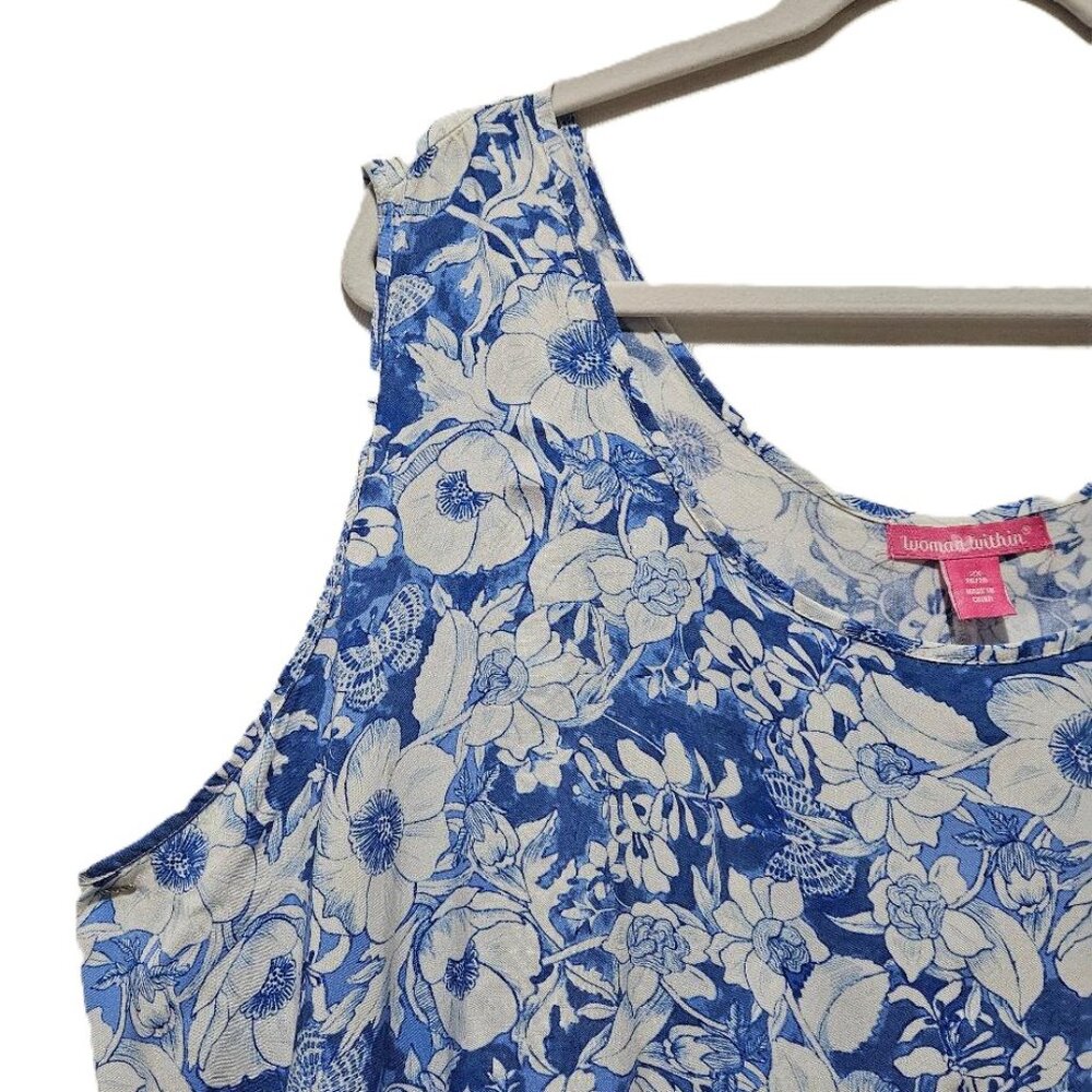 WOMAN WITHIN BLUE WHITE FLORAL CLOISONNE SLEEVELESS SCOOP NECK TANK TOP 2X - 4X - Picture 3 of 13